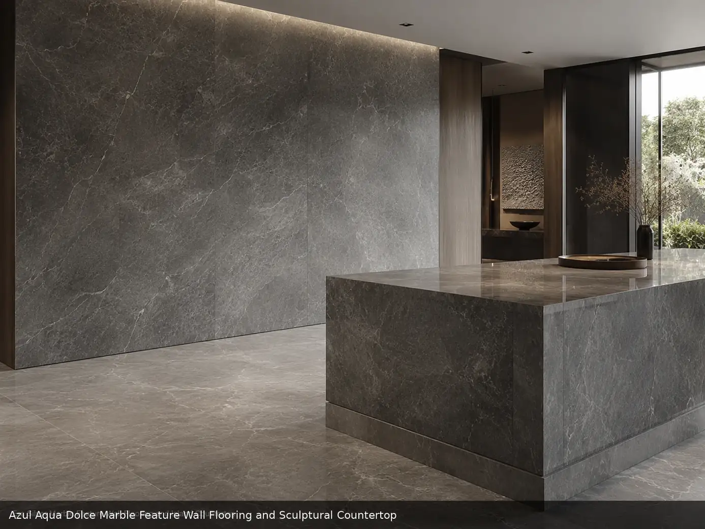Luxury interior with bold blue statement stone feature wall, honed flooring and a polished sculptural island countertop.