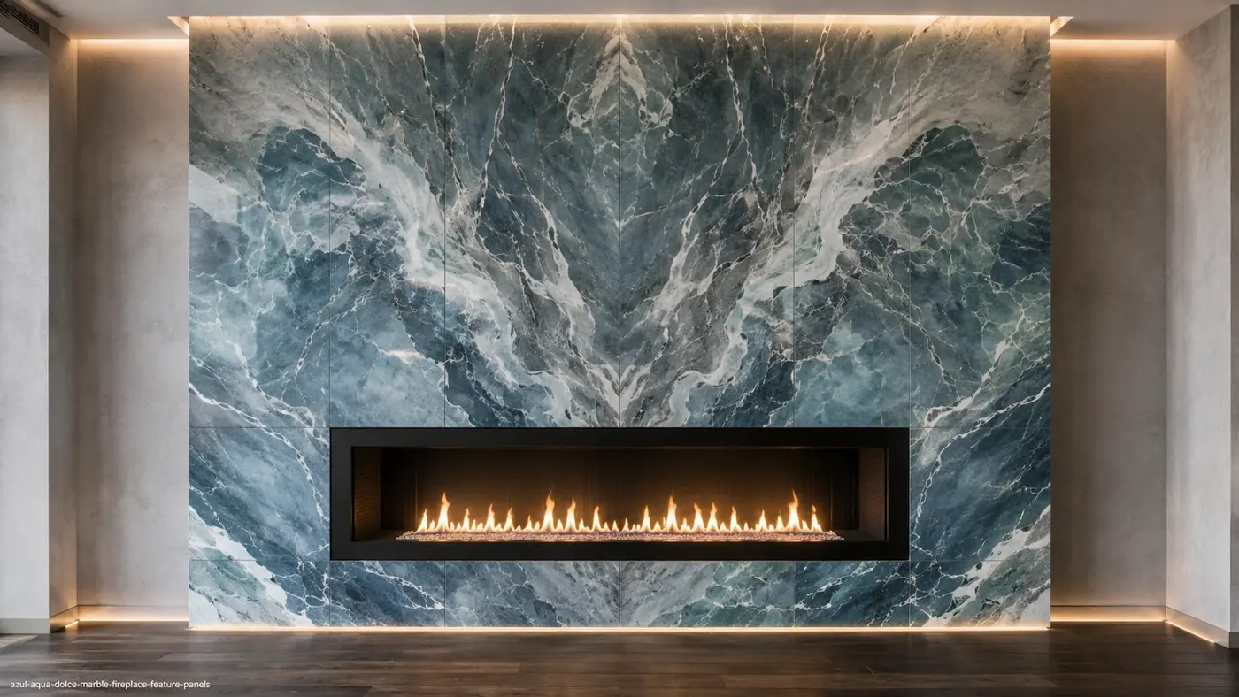 Azul Aqua Dolce Marble fireplace feature panels with ocean-blue stone and flowing white water-like veins.