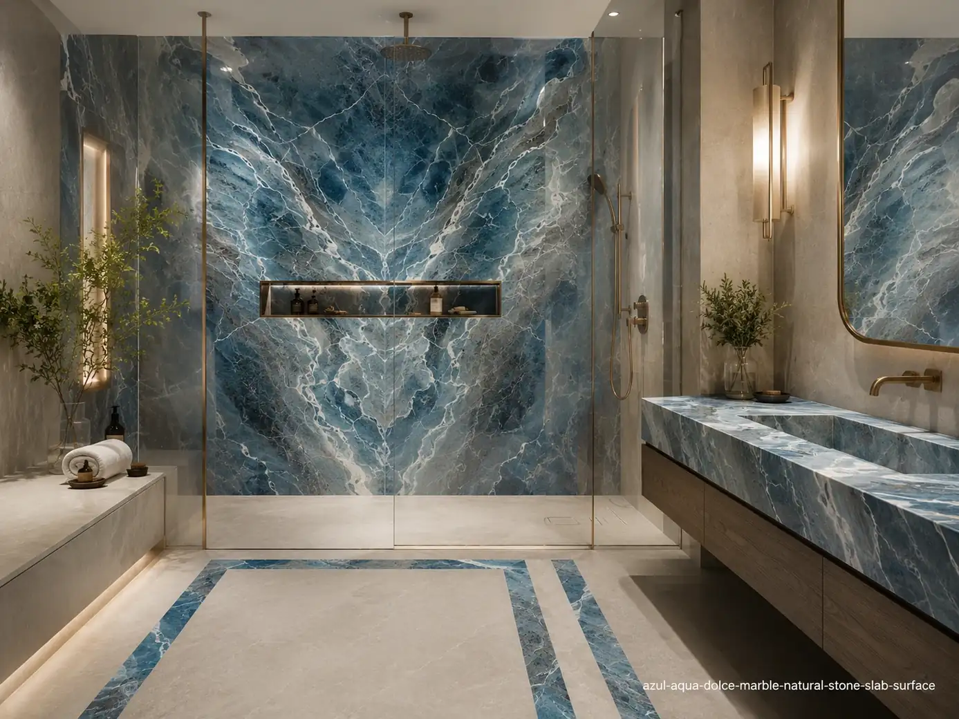Blue grey mineral surface in a luxury spa bathroom with bookmatched shower wall, floating vanity and polished ocean tones.