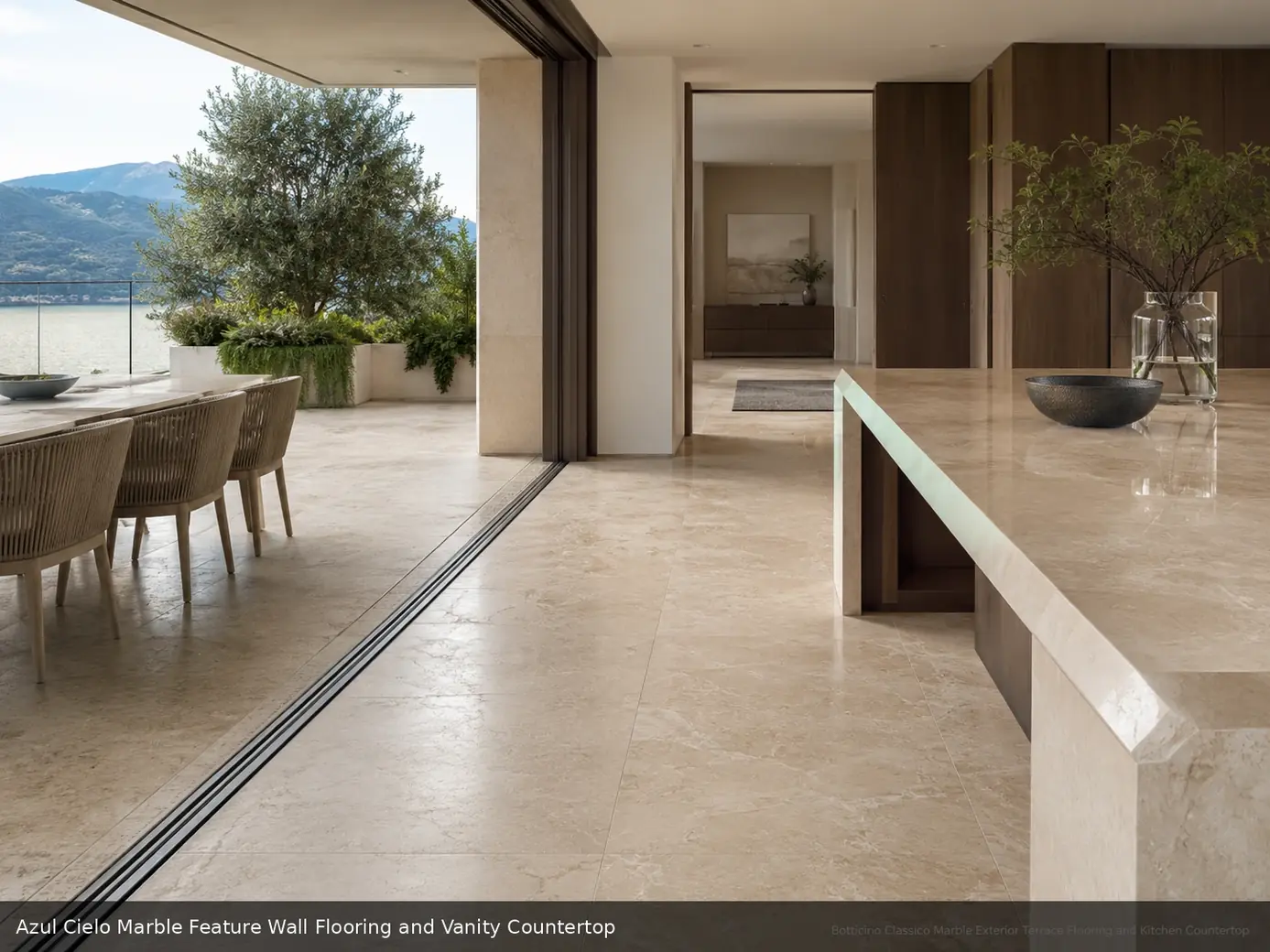 Tranquil spa with elegant celestial stone pattern feature wall, softly honed flooring and a polished stone vanity countertop.