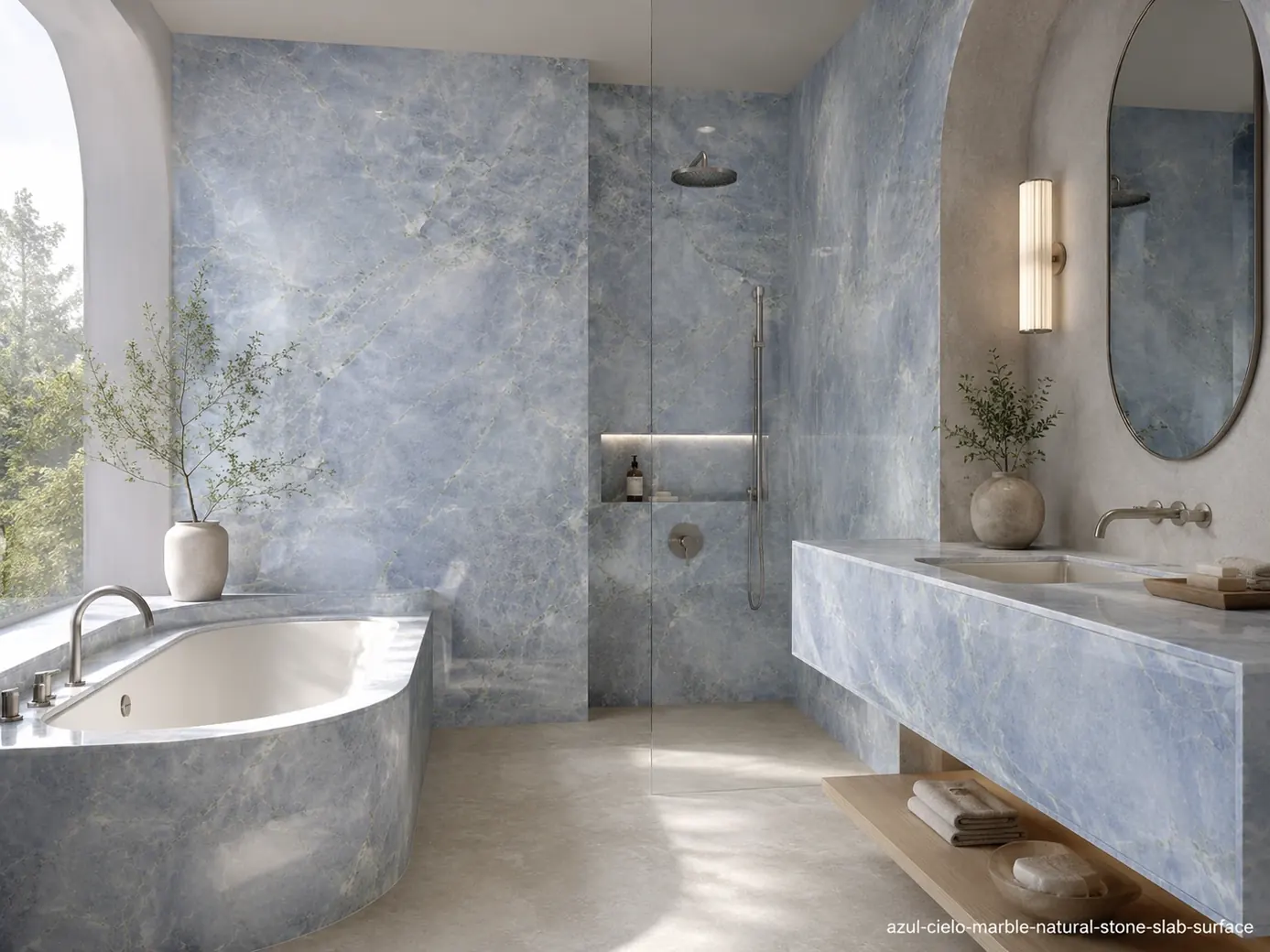 Powder blue natural slab in a serene spa bathroom with shower walls, bathtub surround, floating vanity and soft daylight.