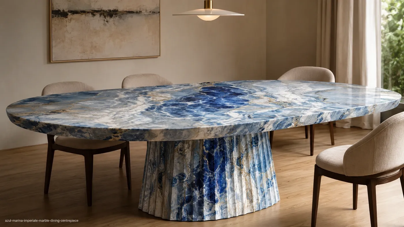 Azul Marina Imperiale Marble dining centrepiece with blue and aqua stone, cloudy white currents and a sculptural base.