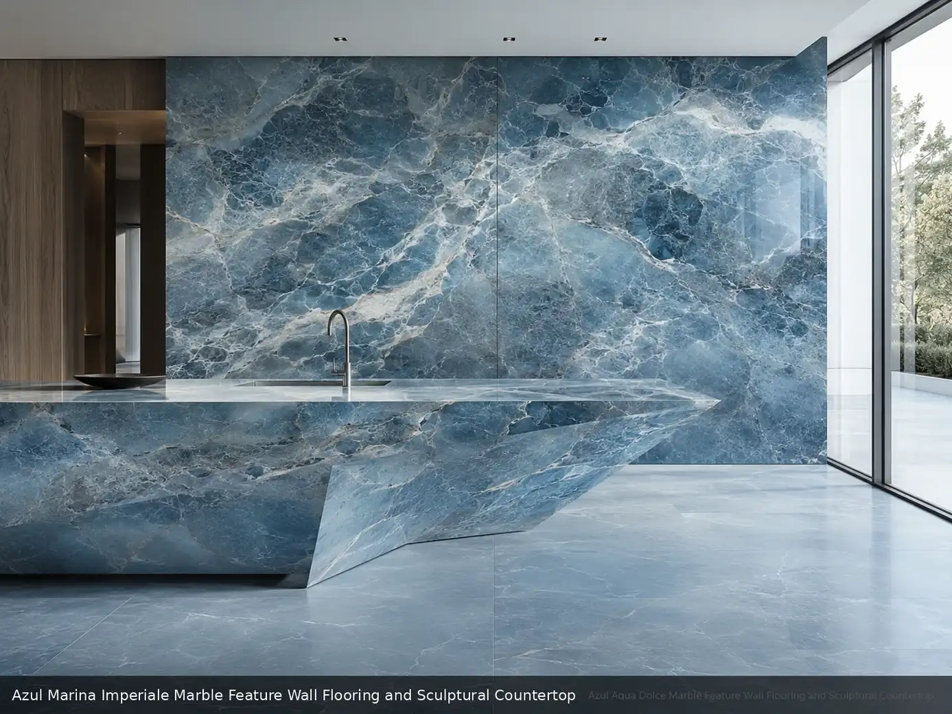 Coastal interior with expressive blue architectural stone feature wall, misty honed flooring and a sculptural countertop.