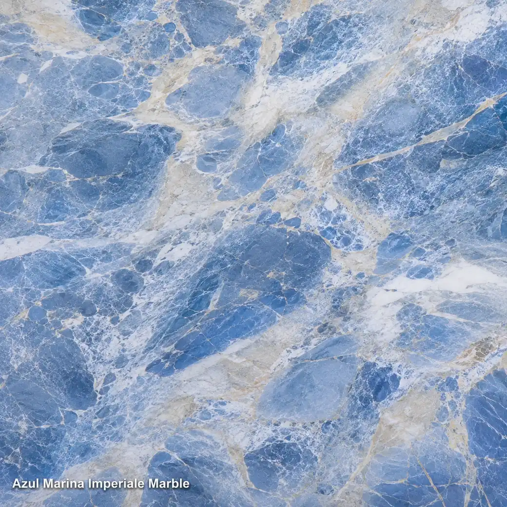 Azul Marina Imperiale Marble with royal blue feature stone, icy aqua clouds, ivory currents and polished crystalline depth.