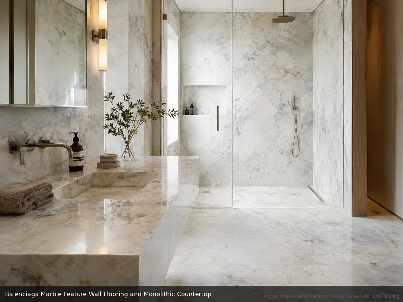Dark luxury interior with premium bookmatched surface wall slabs, honed flooring accents and a monolithic stone countertop.