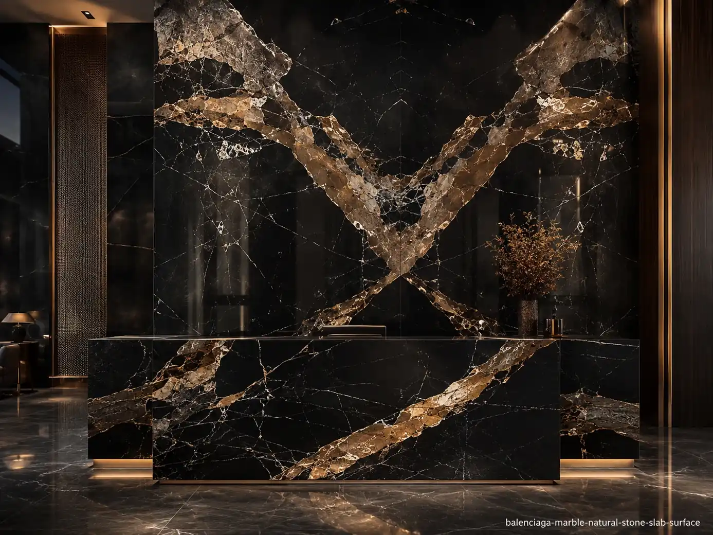 Fashion inspired luxury surface on a bookmatched reception wall and sculptural desk with black, gold and bronze veining.