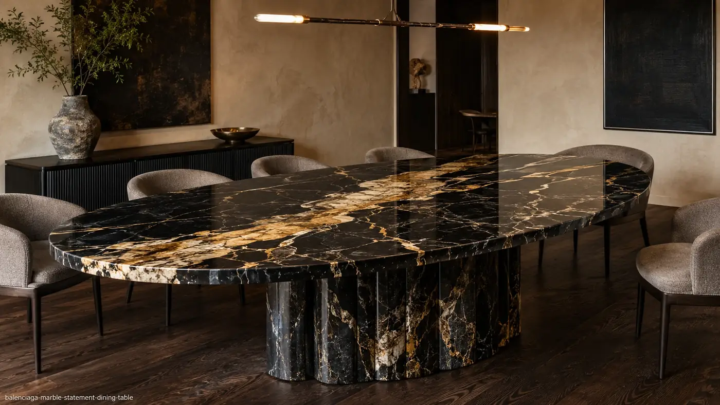 Balenciaga Marble statement dining table with a near-black top, dramatic gold veining and a fluted pedestal.