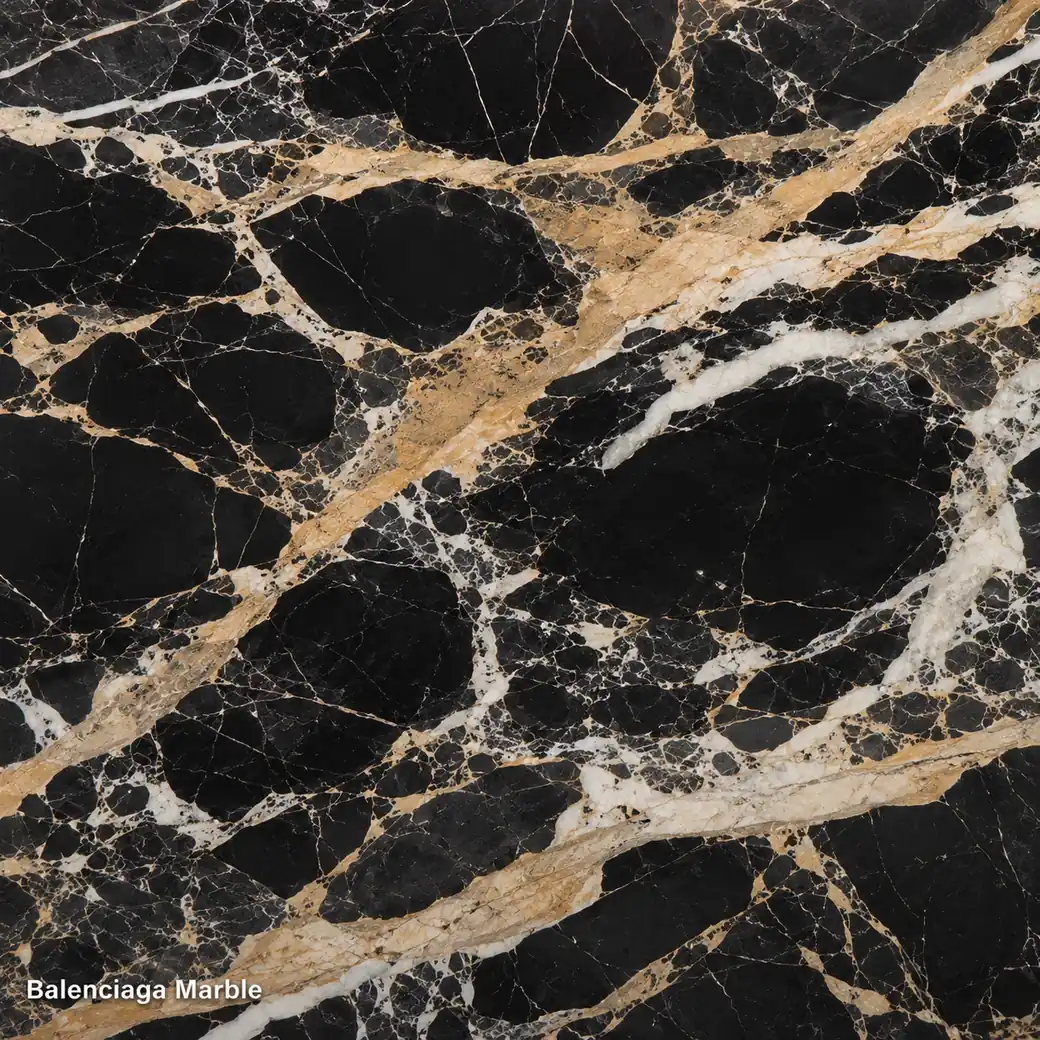 Balenciaga Marble slab featuring dramatic designer feature stone, deep black fields, gold-beige rivers and polished depth.