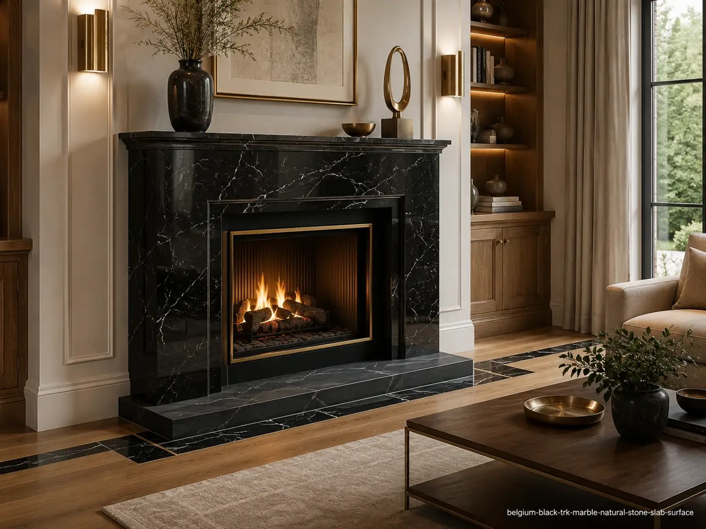 Fine grained black slab on a fireplace surround, hearth and floor border with pale veins, fossil marks and polished depth.