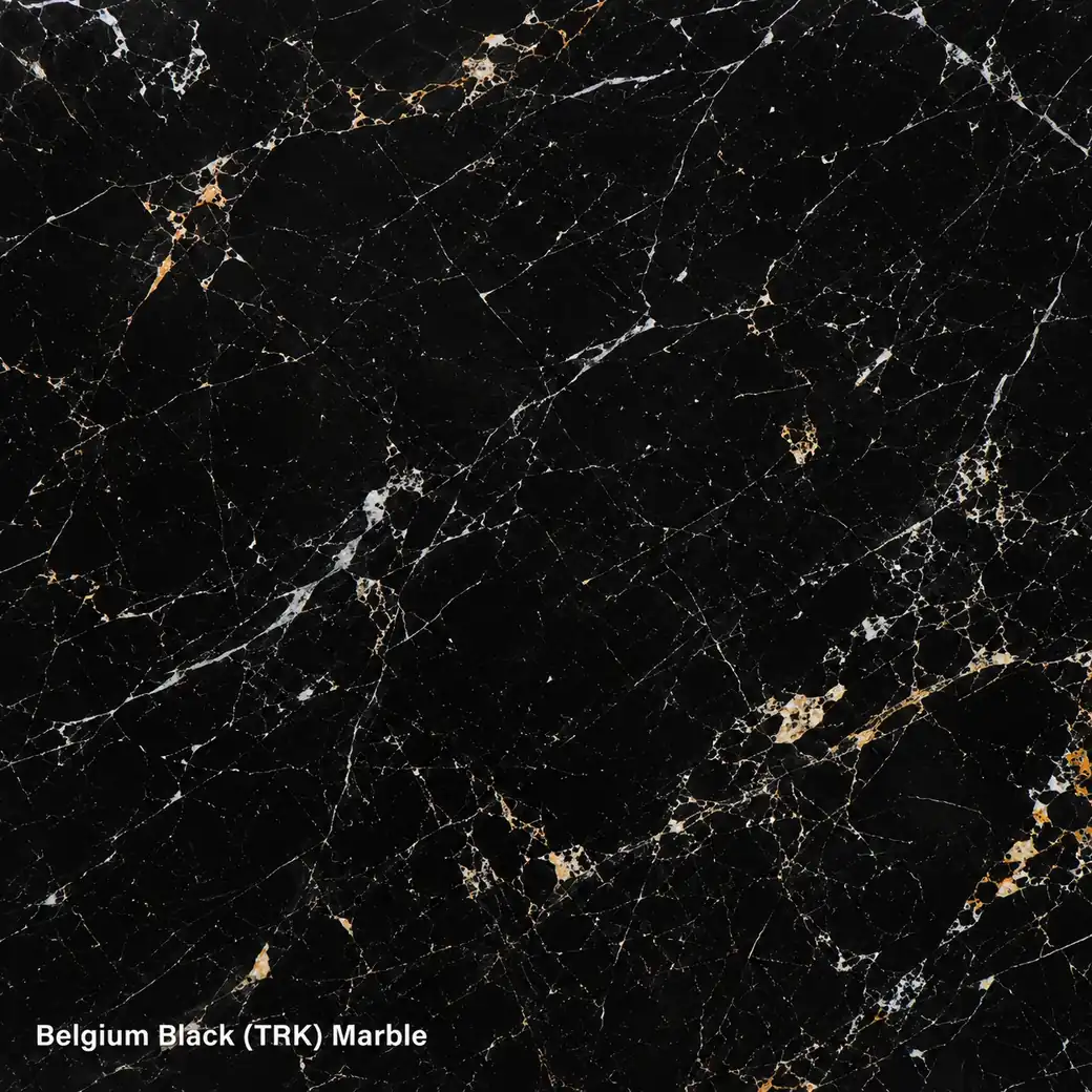 Belgium Black TRK Marble with uniform jet black stone, sparse grey threads, fossil marks and a rich polished natural finish.
