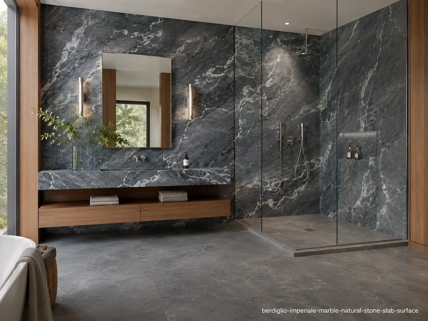 Imperial grey natural slab across shower walls, floating vanity and flooring with blue-grey clouds and flowing white veins.