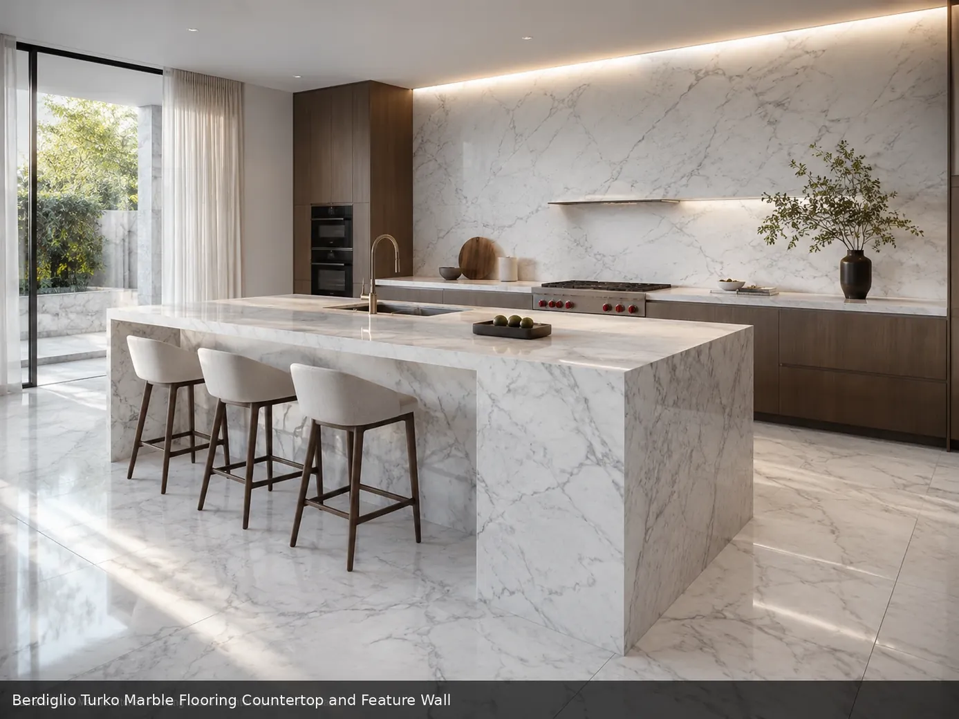 Minimal interior with subtle white vein movement on a calm feature wall, clouded grey flooring and a polished countertop.