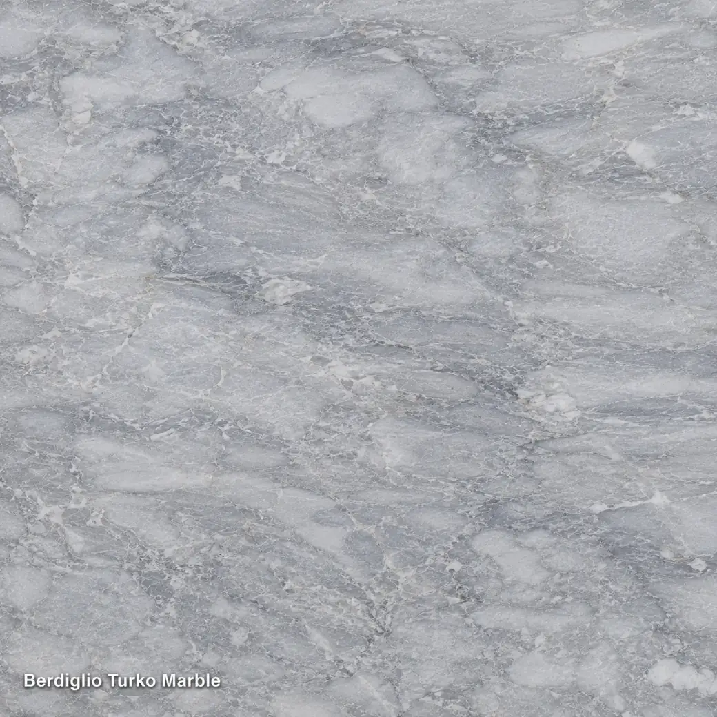 Berdiglio Turko Marble with Turkish blue grey stone, misty mineral clouds, faint fractures and a cool polished pearly finish.