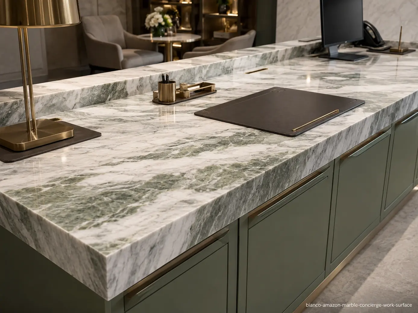 Bianco Amazon Marble concierge work surface with milky white, sage-green and charcoal flowing stone bands.