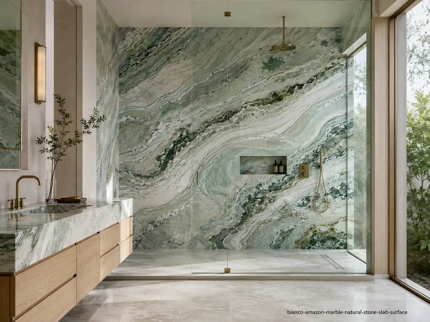 Bright architectural surface on a bookmatched shower wall, floating vanity and floor panels with flowing white-green layers.