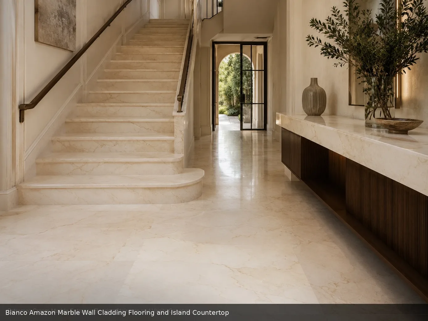 elegant neutral interior surface across wall cladding, floor and island countertop, with realistic veining and soft daylight.