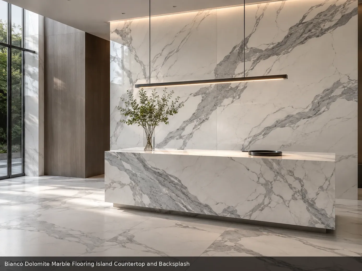 polished luminous interior stone across floor, island countertop and backsplash, with natural veining in a refined interior.