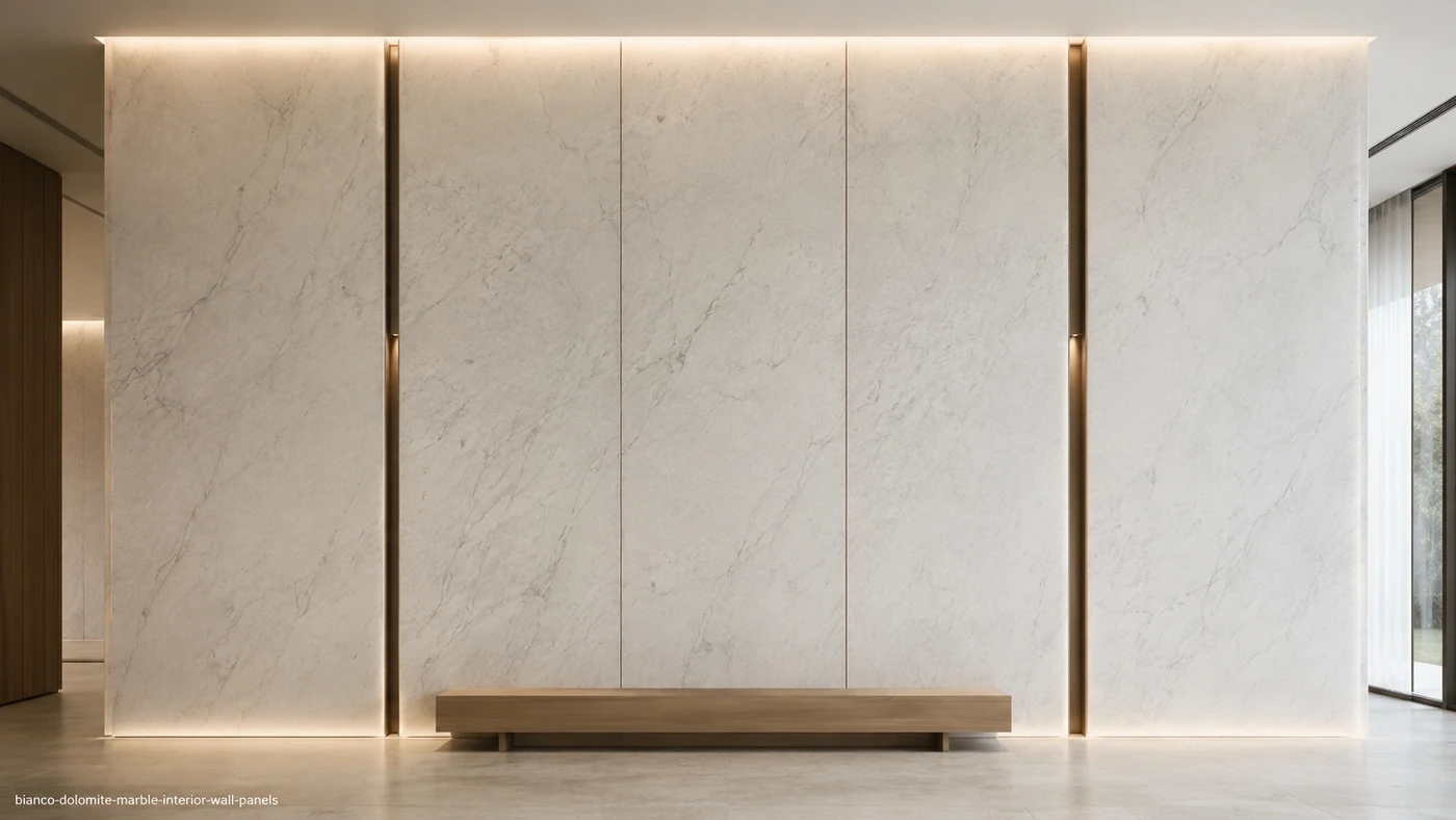 Bianco Dolomite Marble interior wall panels with cool white stone, faint blue-grey clouds and fine silver veins.