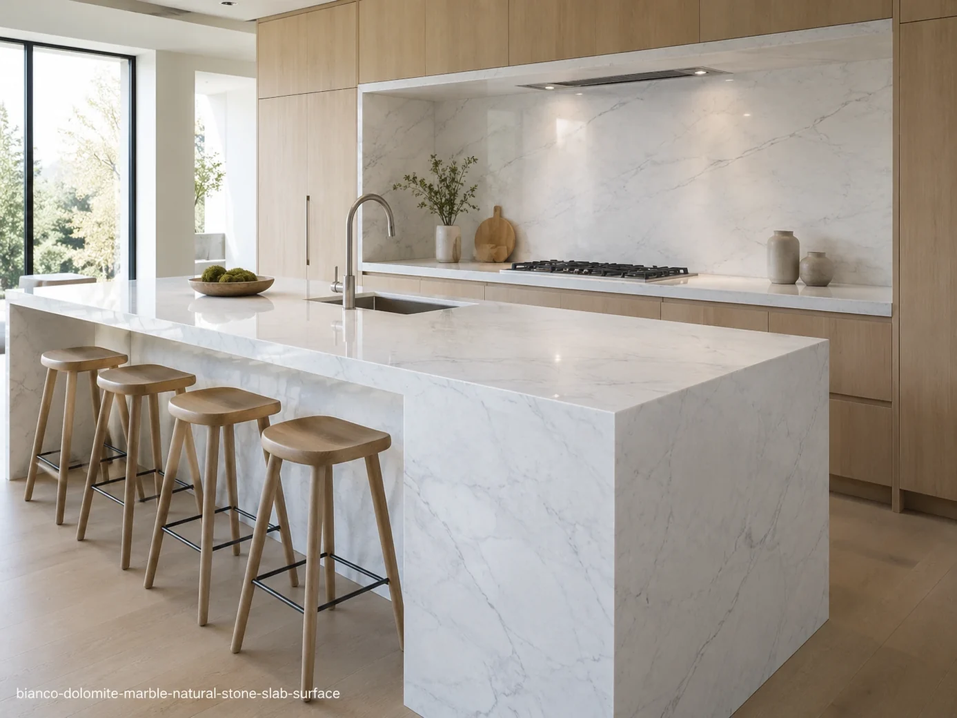 Bright translucent surface across a waterfall island, full-height backsplash and countertops with delicate silver-grey veins.