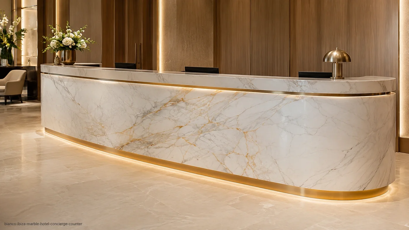 Bianco Ibiza Marble hotel concierge counter with bright white stone, soft grey clouds and pale-gold streaks.