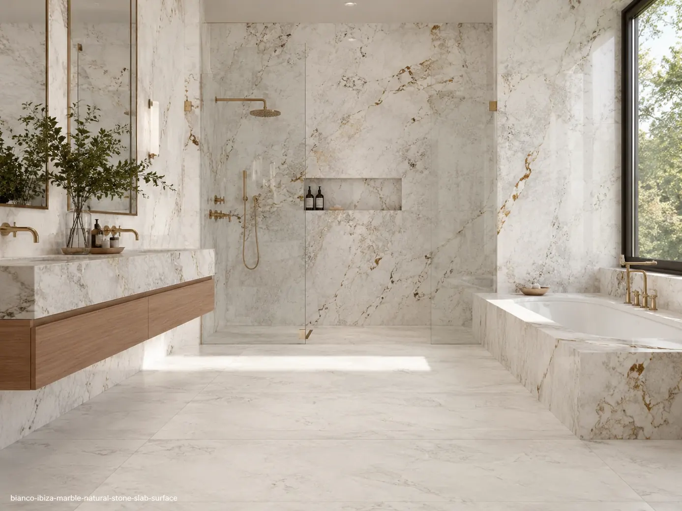 Soft ivory architectural slab in a luxury bathroom with shower walls, floating vanity, bathtub surround and honed flooring.