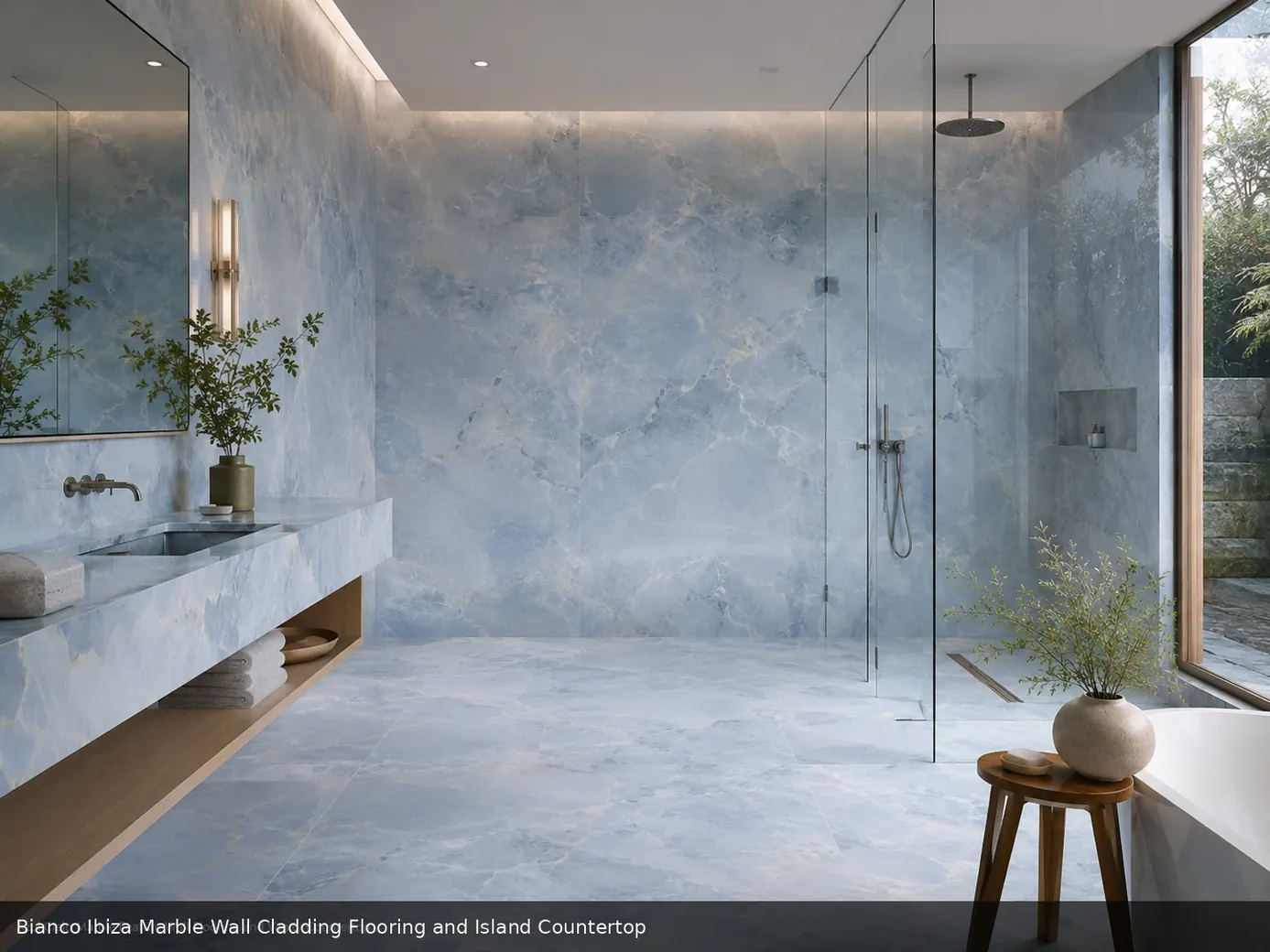 elegant neutral decorative surface across wall panels, floor and island countertop, with realistic veining and soft daylight.