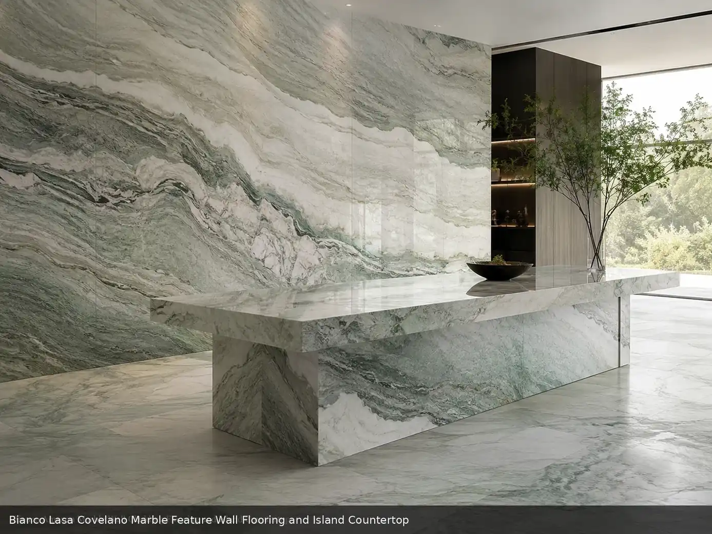 refined luxury white texture across feature wall, floor and island countertop, with natural veining in a refined interior.