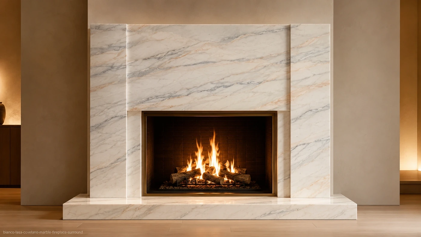 Bianco Lasa Covelano Marble fireplace surround with white stone and silver, blue-grey and blush veins.