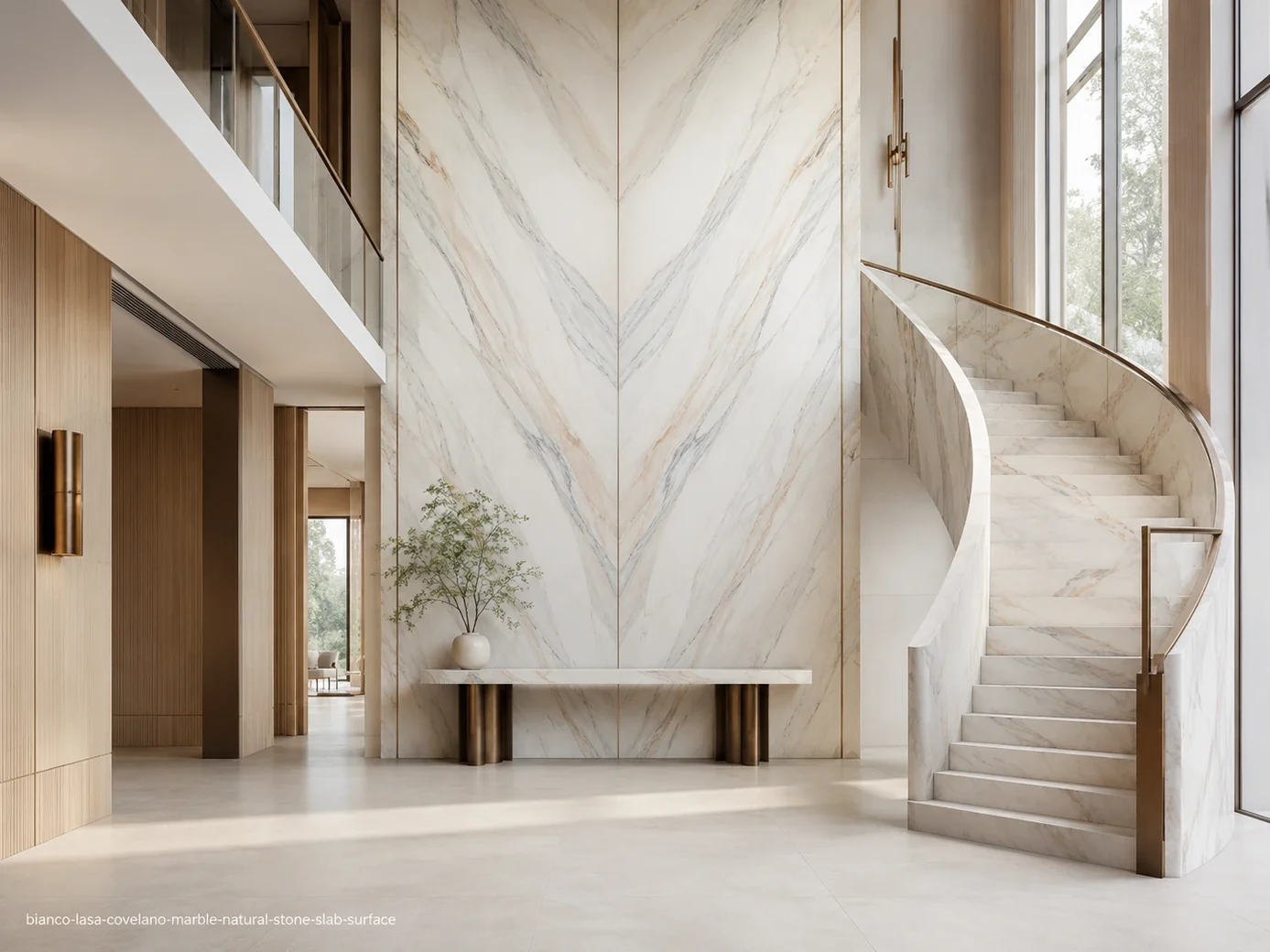 Luminous premium stone across an entrance hall feature wall, sweeping staircase and console with delicate warm silver veins.