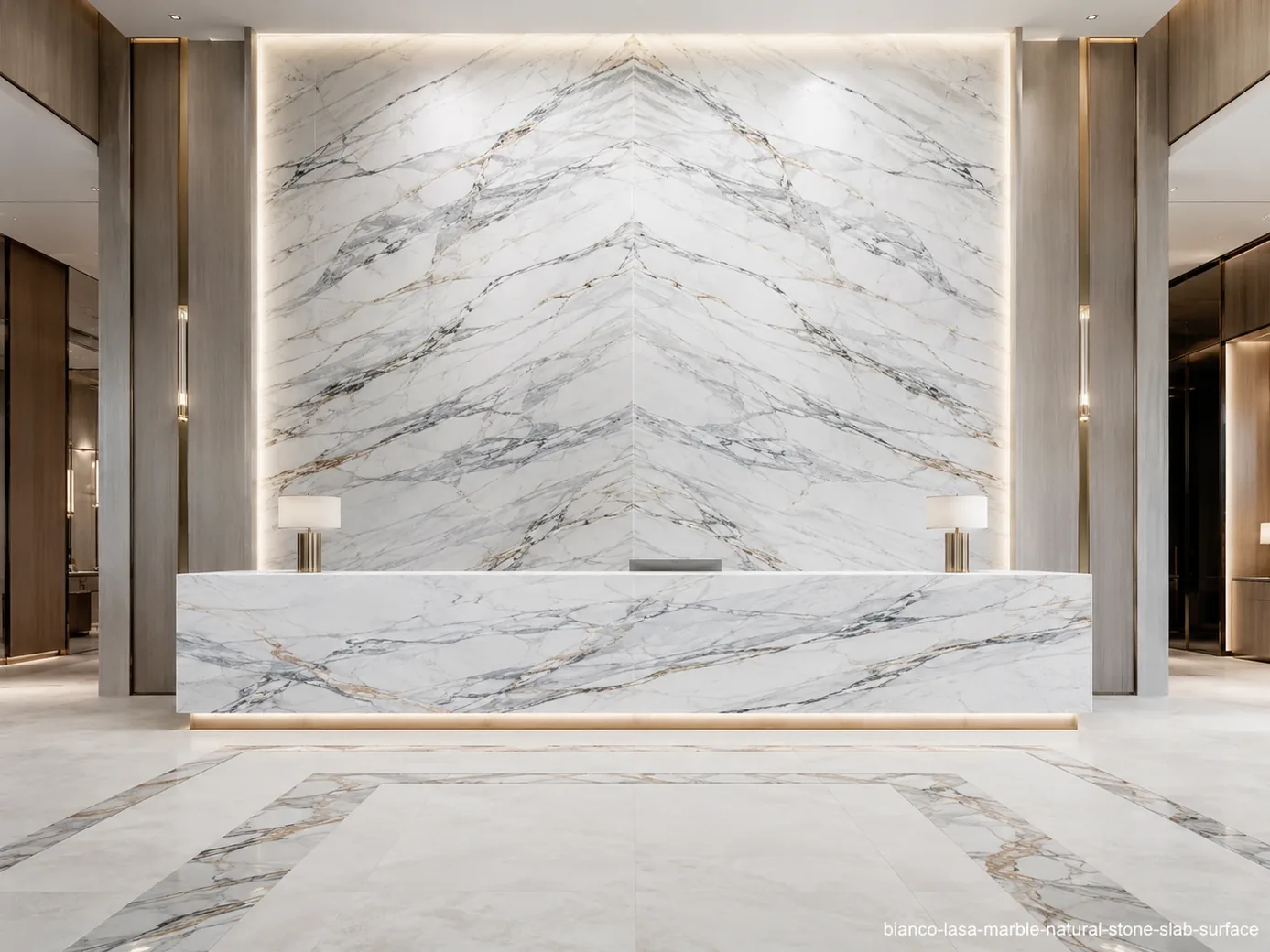 Fine compact mineral texture on a bookmatched hotel lobby wall, reception desk and floor inlays with silver-blue grey veins.