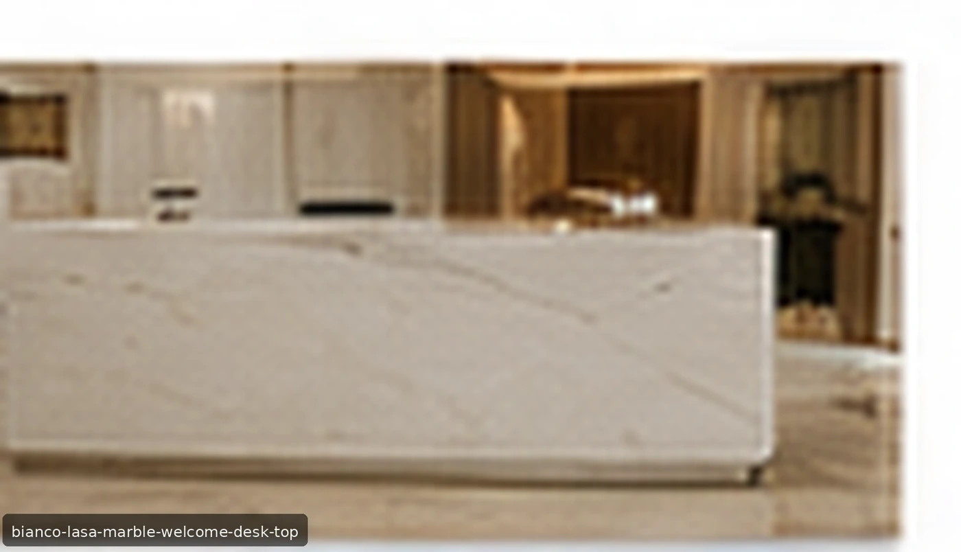 Bianco Lasa Marble welcome desk top with Alpine-white crystal stone and linear silver-blue veining.