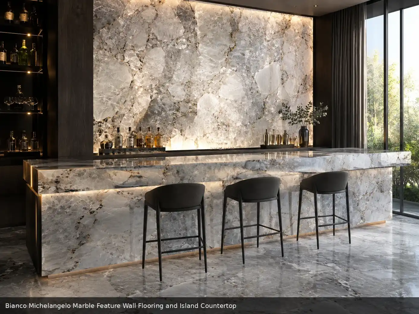 elegant high contrast stone across feature wall, floor and island countertop, with natural veining in a refined interior.
