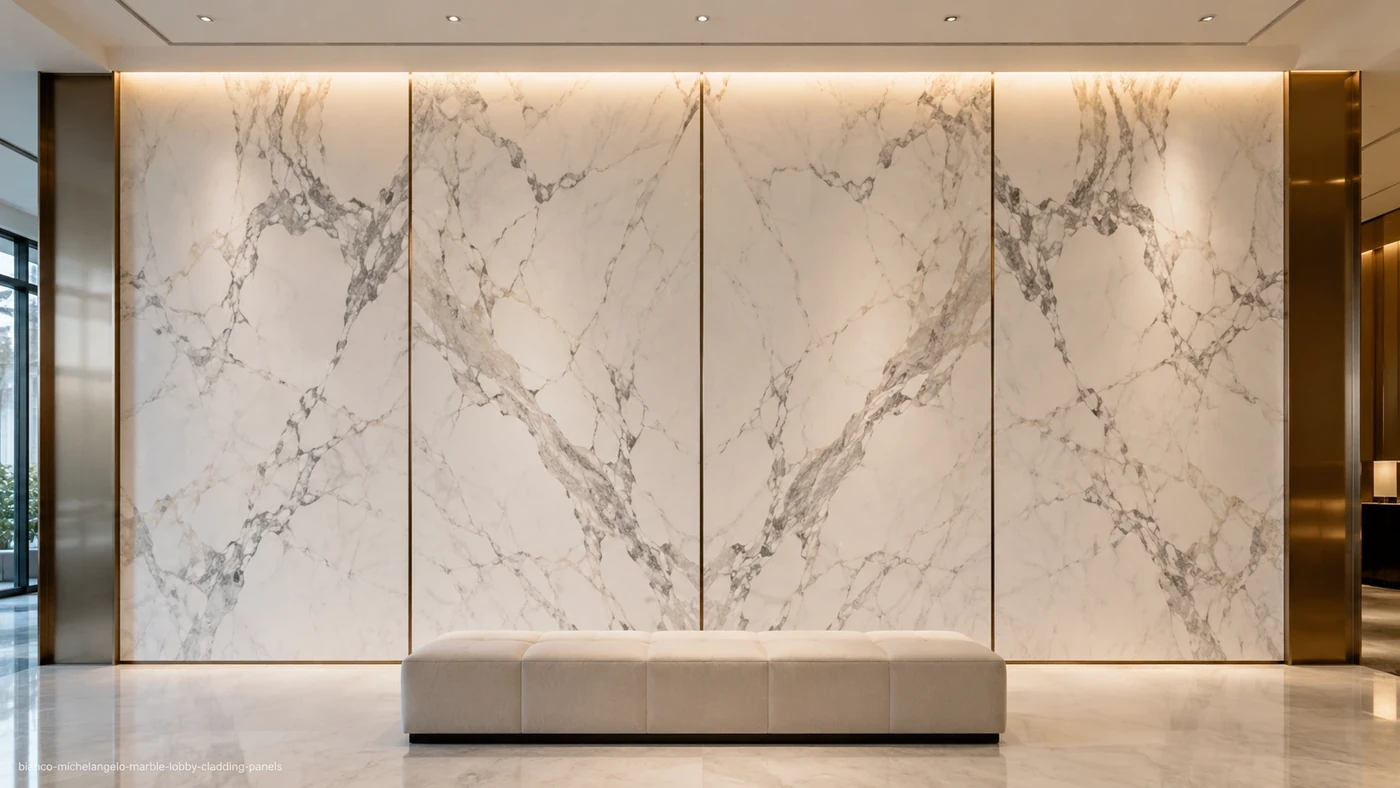 Bianco Michelangelo Marble lobby cladding panels with luminous white stone and intricate smoky-grey veins.