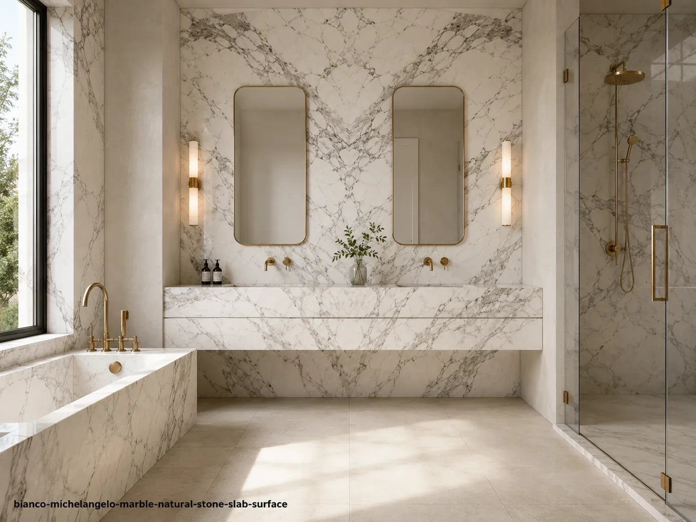 Classical luxury surface in a bathroom with bookmatched vanity wall, bathtub surround and walk-in shower with organic veins.