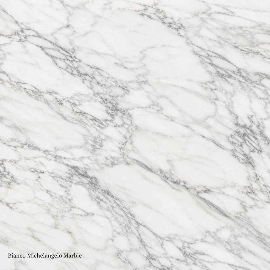 Bianco Michelangelo Marble with sculptural white feature stone, organic grey veins, ivory clouds and polished pearly finish.
