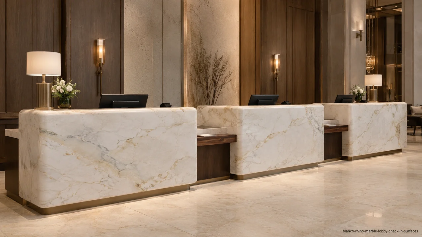 Bianco Rhino Marble lobby check-in surfaces with creamy white stone, ivory clouds and beige-gold veining.