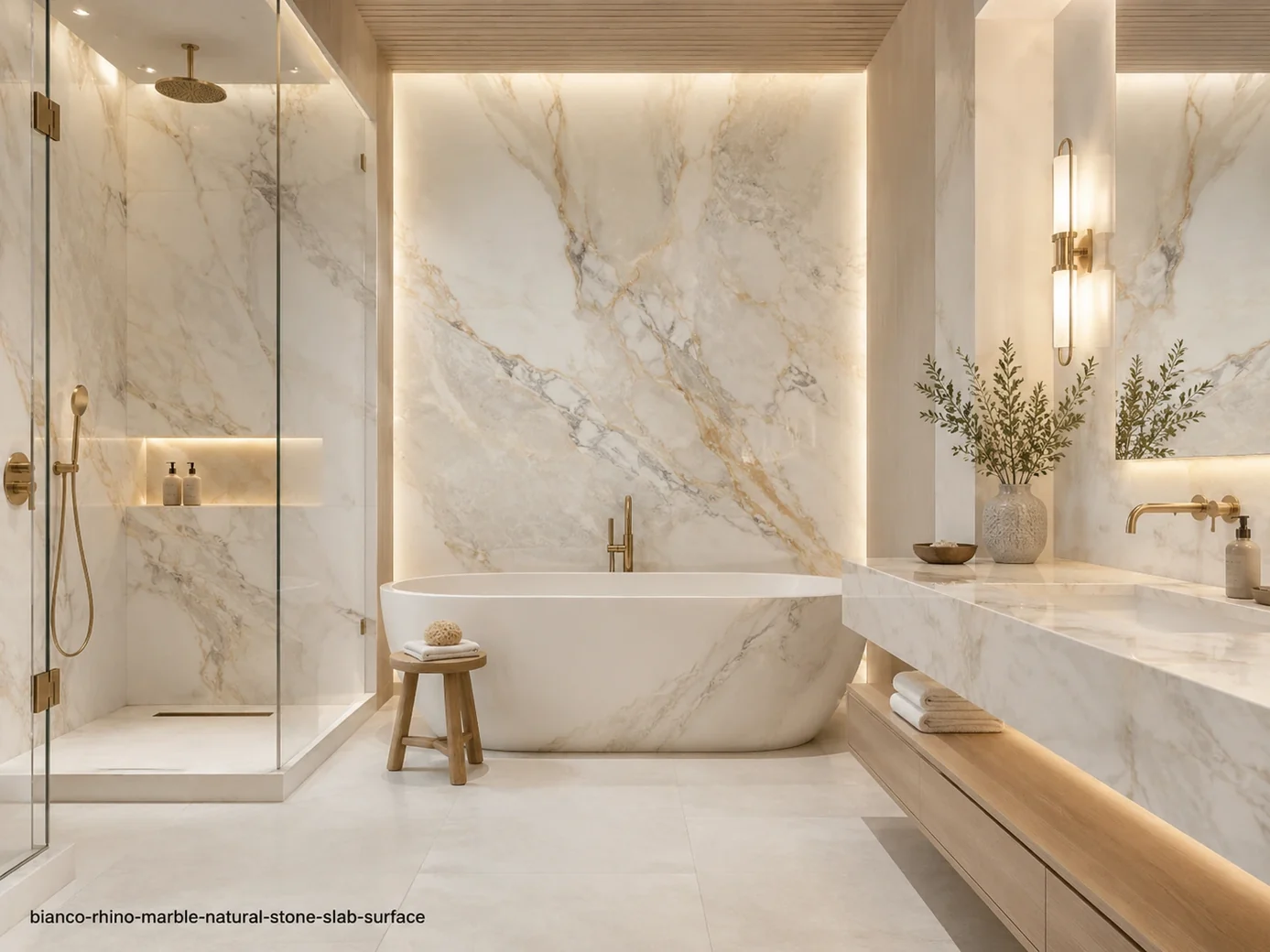 Bright translucent slab across spa shower walls, floating vanity, bathtub surround and illuminated panel with ivory clouds.
