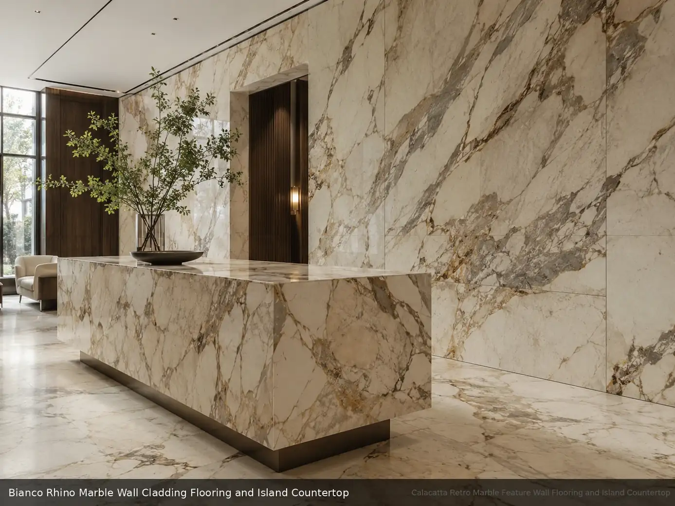 clean modern architectural stone across wall cladding, floor and island countertop, with realistic veining and soft daylight.