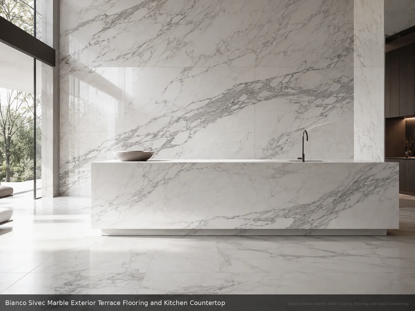 polished bright interior surface across terrace floor and kitchen countertop, with natural veining in a refined interior.