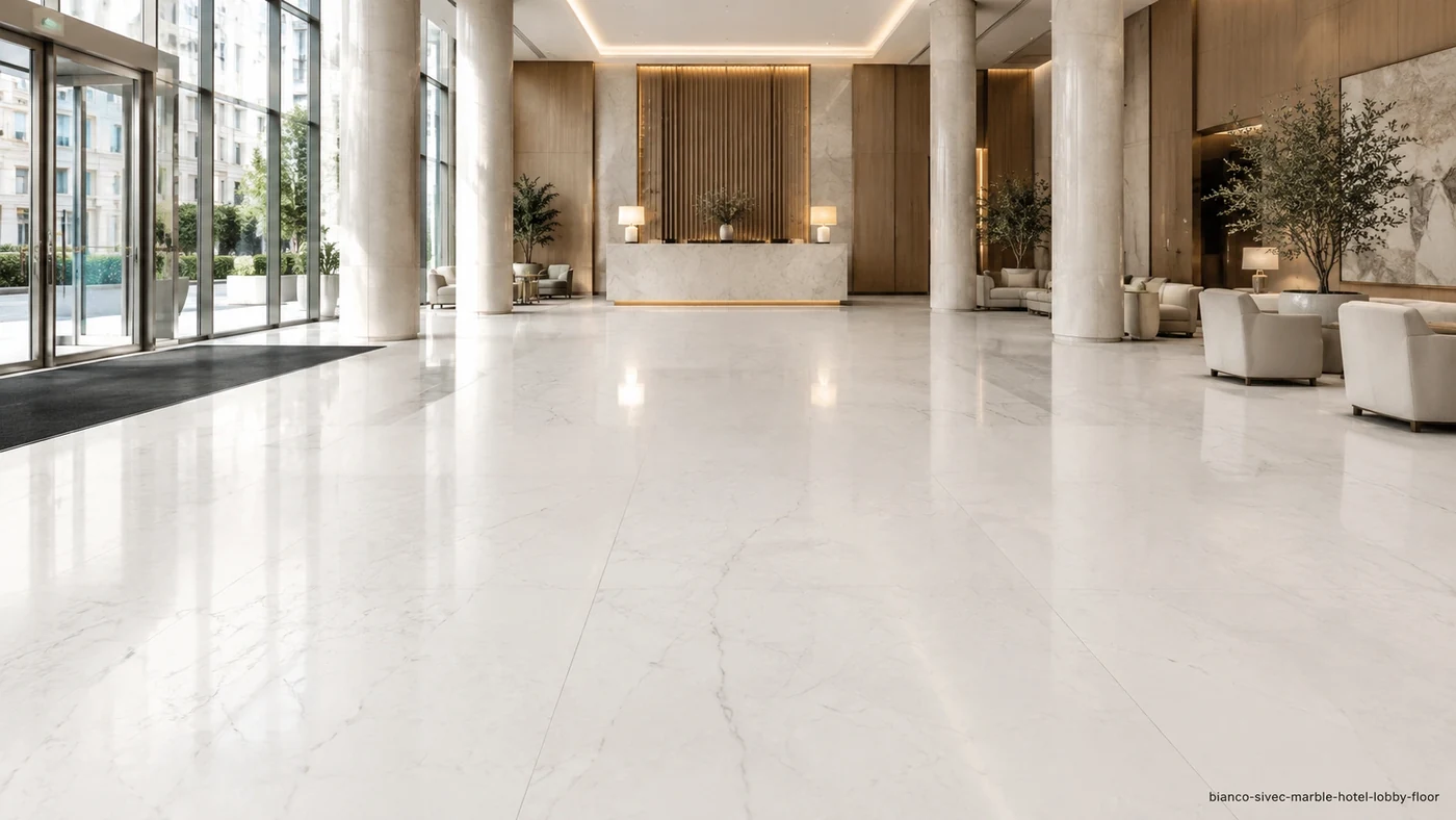Bianco Sivec Marble hotel lobby floor with clean snow-white slabs and sparse pale-grey crystalline movement.