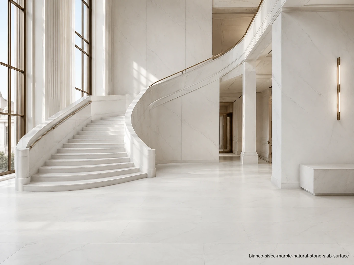 Subtle grey mineral speckling across a grand foyer floor, sculptural staircase and wall cladding with snow-white clarity.
