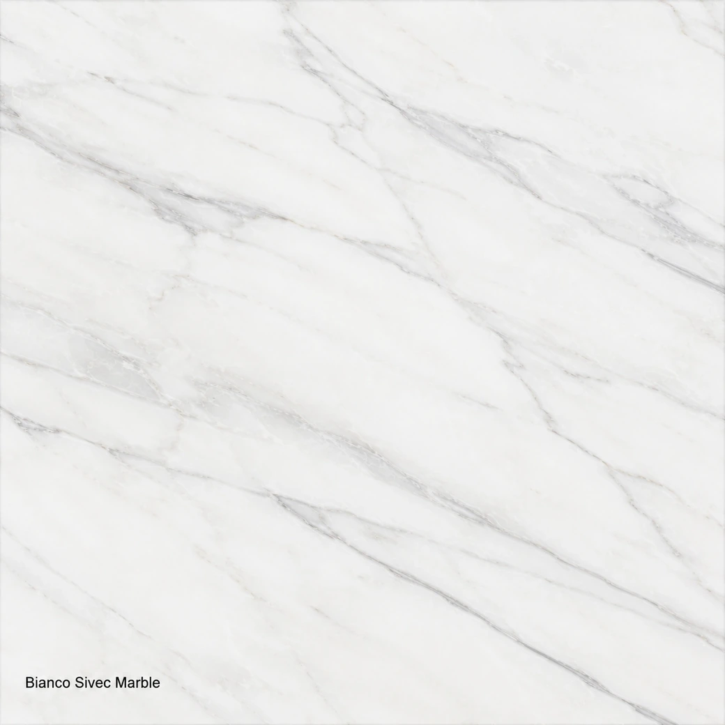 Bianco Sivec Marble with fine crystalline Balkan stone, snow-white fields, faint grey threads and a luminous polished finish.