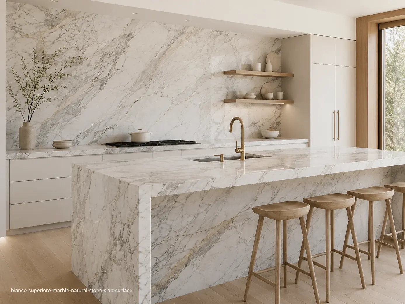 Refined fine grain texture on a waterfall kitchen island, full-height backsplash and countertops with soft silver-grey veins.