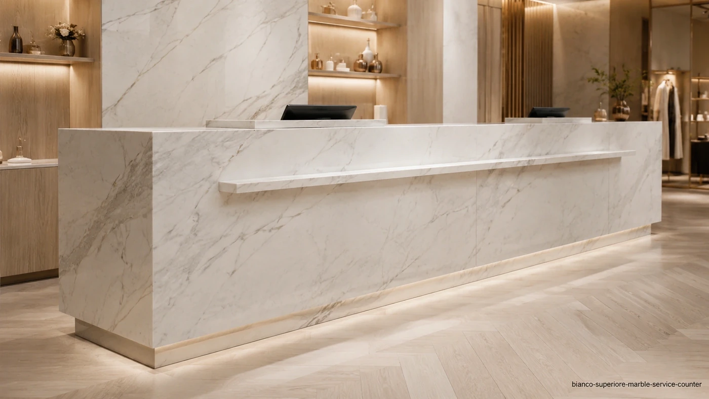 Bianco Superiore Marble service counter with icy white stone, delicate grey veins and subtle beige-gold accents.