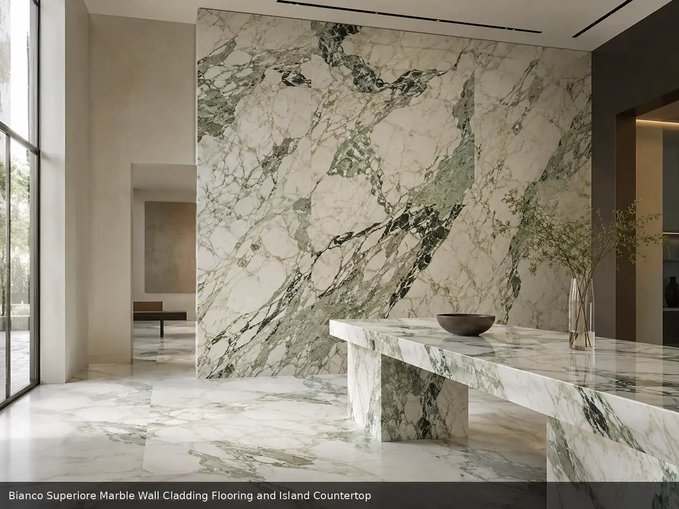 bright polished natural surface across wall cladding, floor and island countertop, with realistic veining and soft daylight.