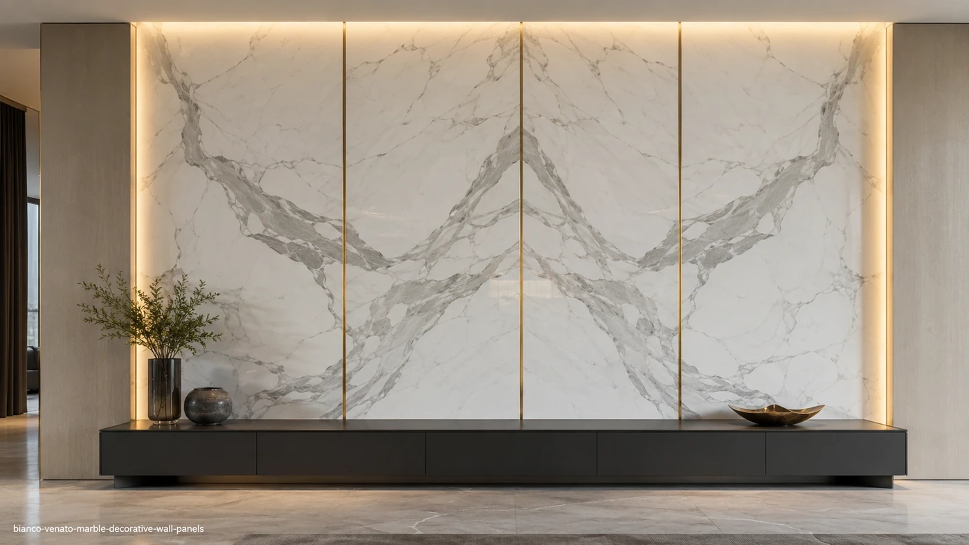 Bookmatched Bianco Venato Marble decorative wall panels with white stone and bold flowing grey ribbons.