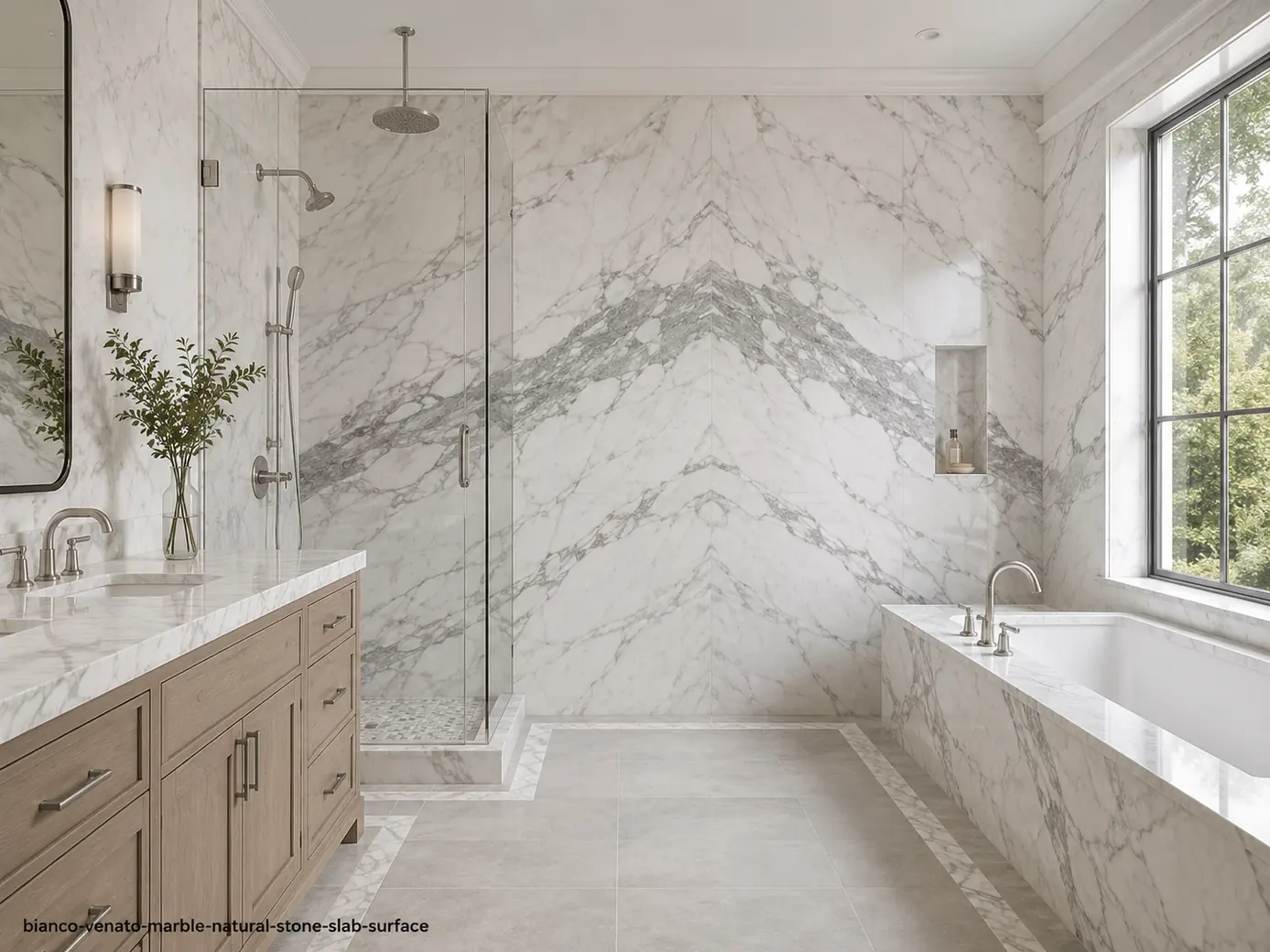 Elegant Italian architectural surface across a shower wall, vanity, bathtub surround and floor edge with flowing grey veins.