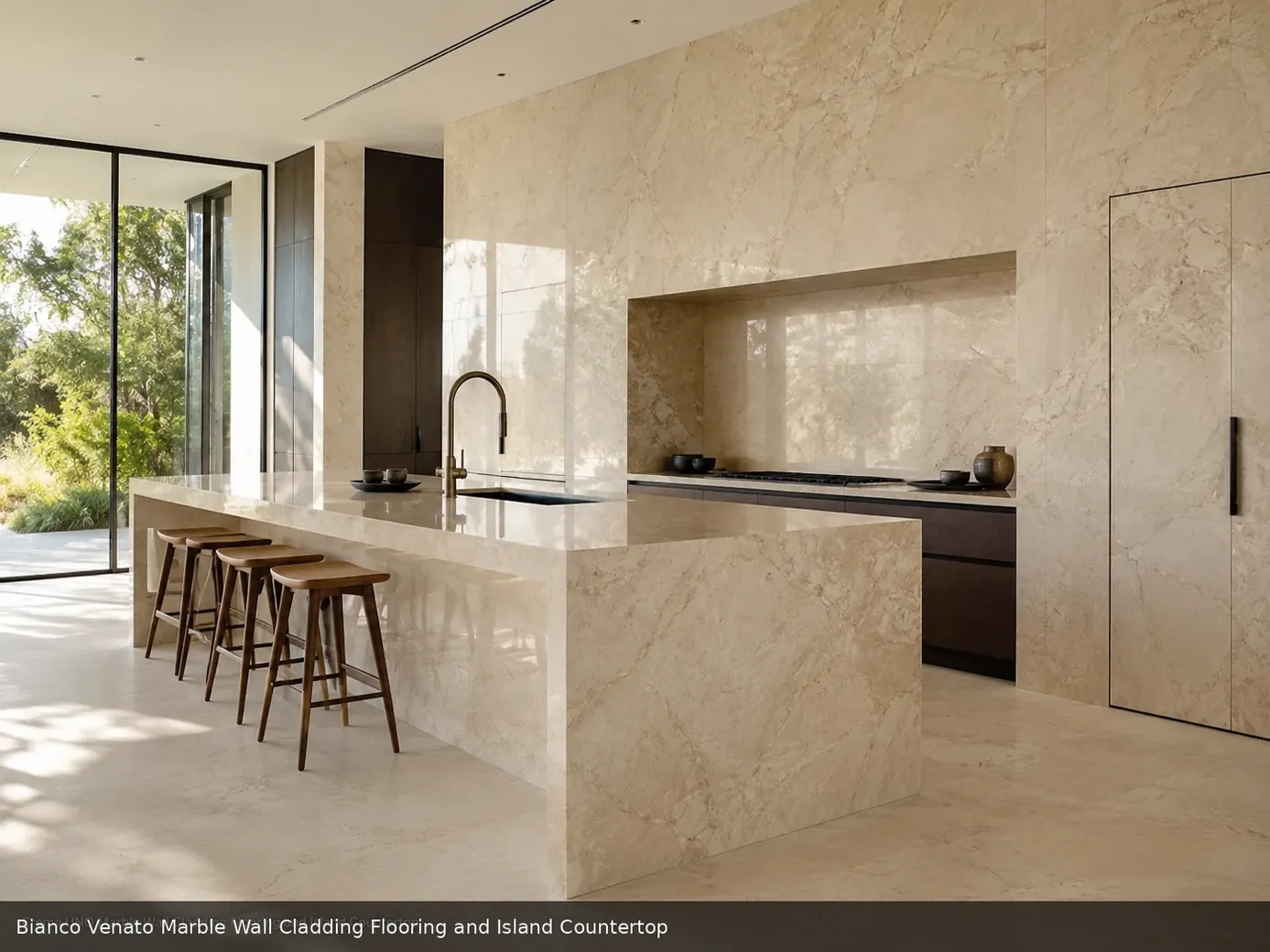 medium movement decorative material on wall cladding, floor and island countertop, with realistic veining and soft daylight.