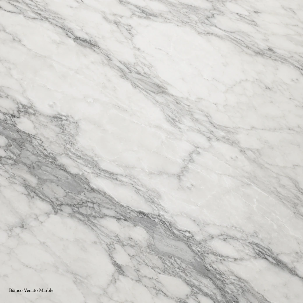 Bianco Venato Marble with classic white veined stone, flowing grey ribbons, soft clouding and a luminous polished finish.