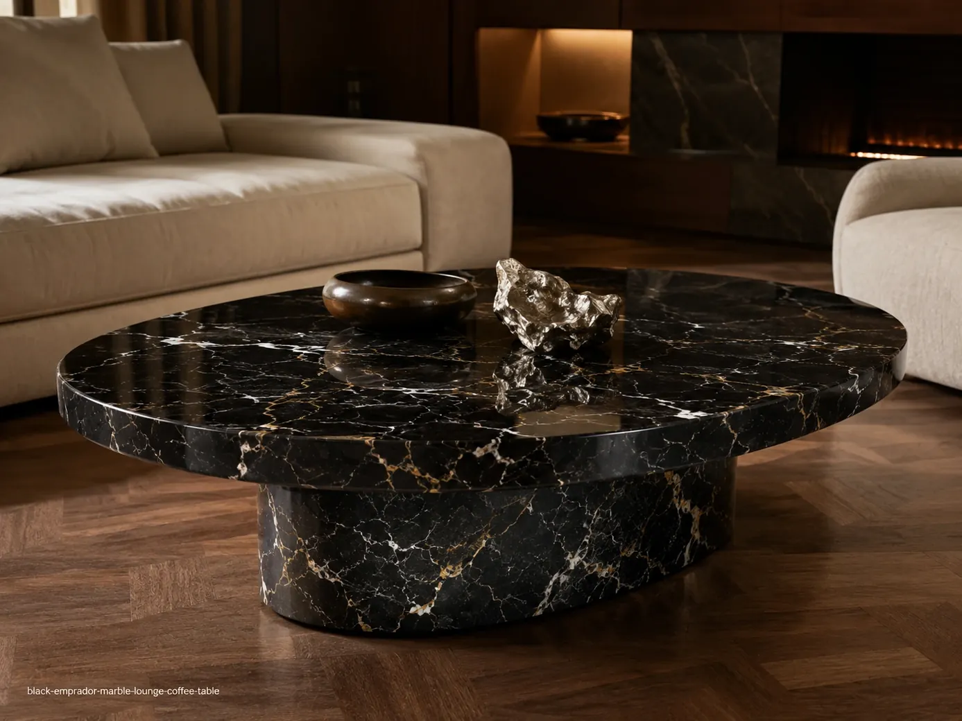 Black Emprador Marble lounge coffee table with dark chocolate stone, cream web veining and a sculptural base.